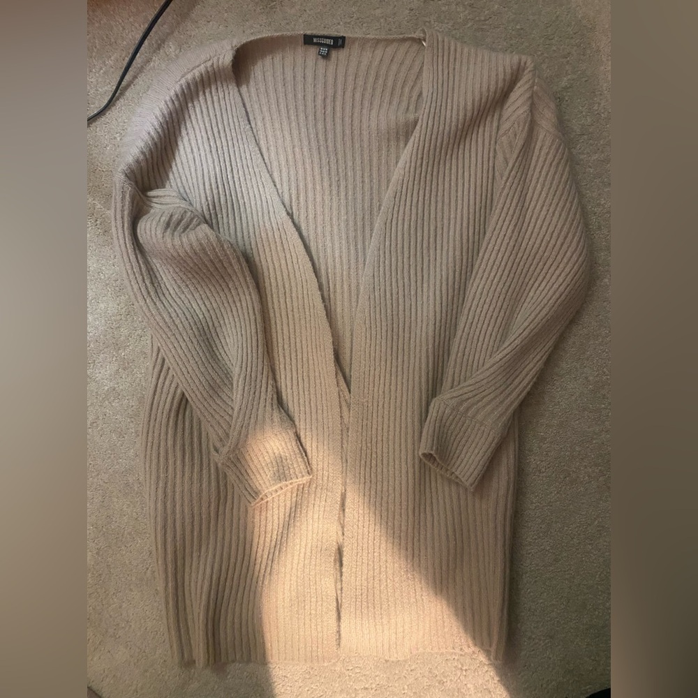 Missguided Ribbed Open-Front Cardigan in Beige Taupe has pockets